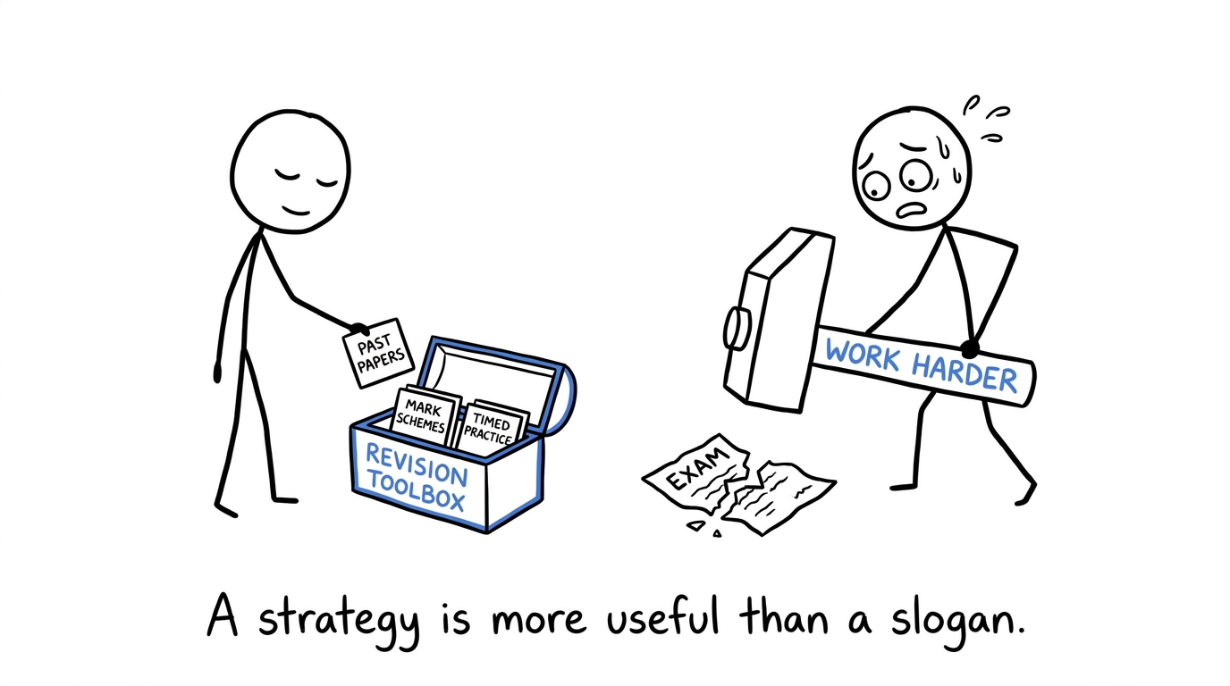 A student building a revision toolbox while another tries to use one giant tool