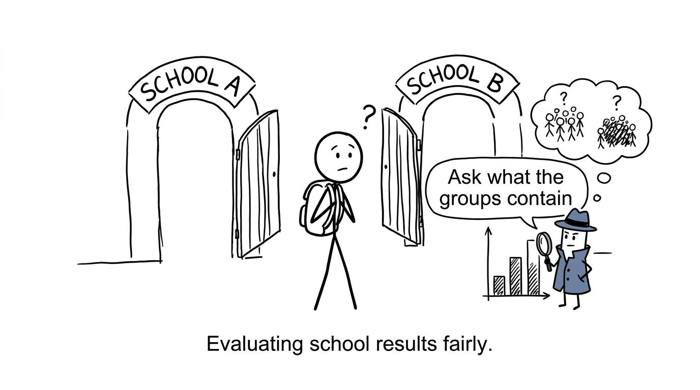 A student comparing two schools while a chart detective asks what each group contains