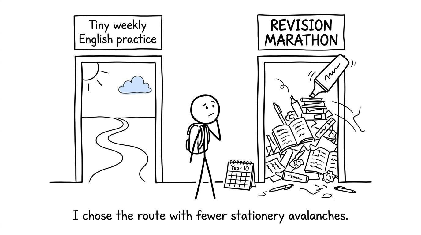 A Year 10 student chooses small weekly practice instead of a revision marathon