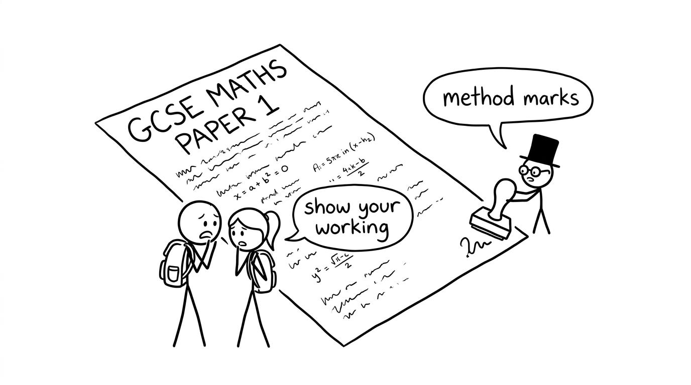 Two students face an enormous GCSE paper while a tiny examiner stamps “method marks”