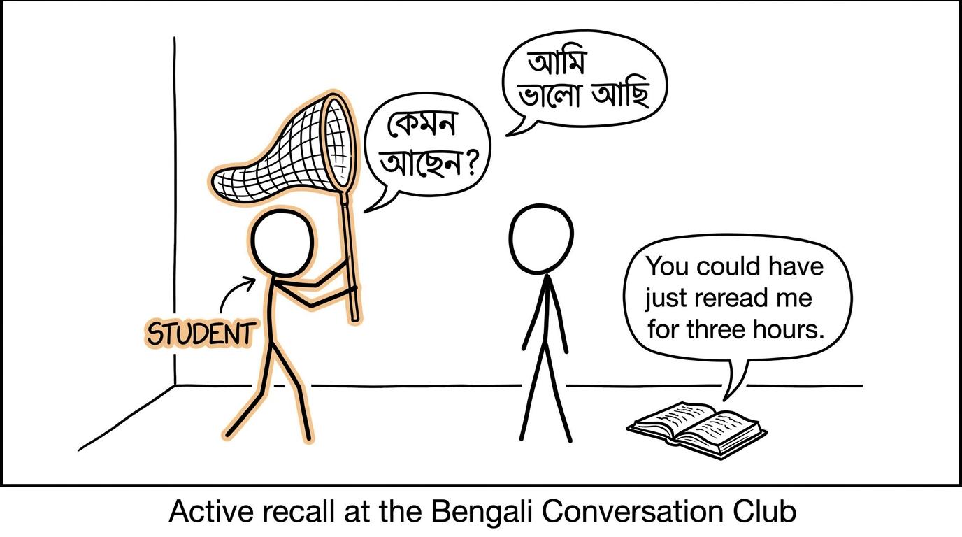 A student catches active Bengali conversation while passive rereading watches from the side