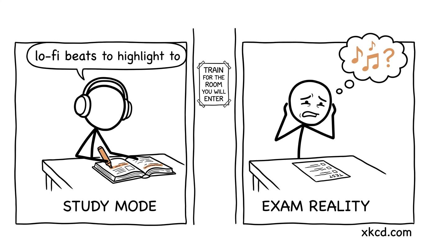 A student discovers that imaginary headphones are unavailable in a silent mock exam