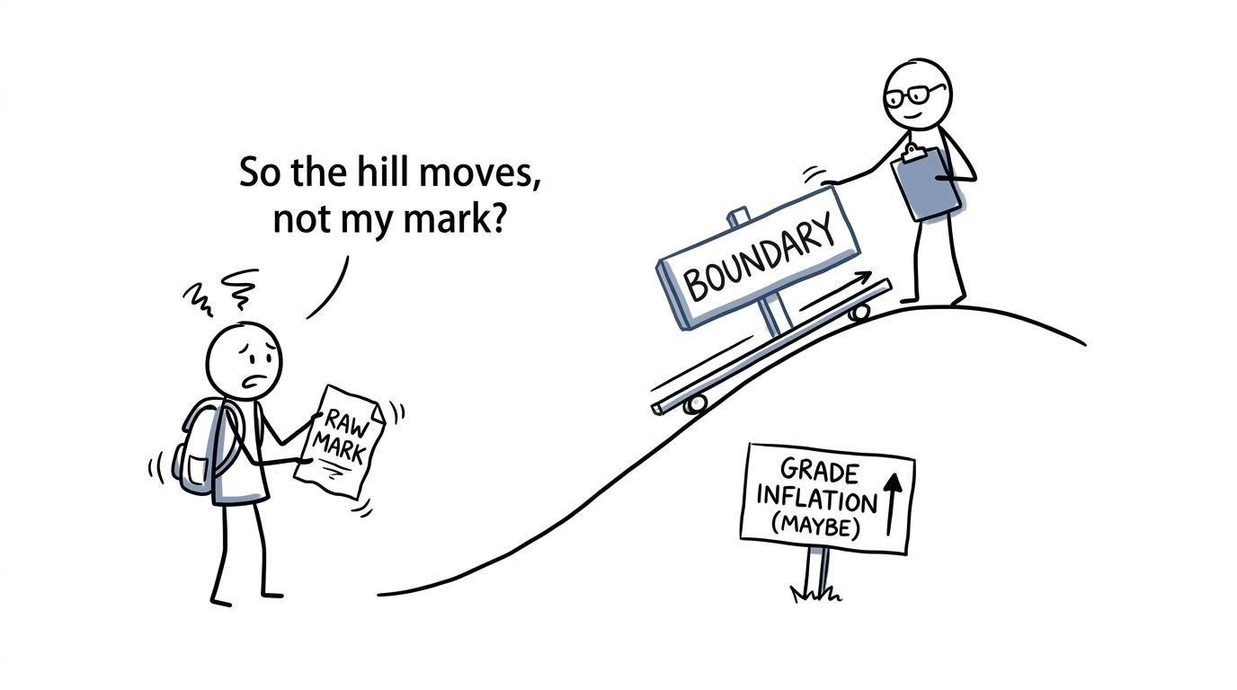 A student discovers that the grade boundary moves while the raw mark stays still
