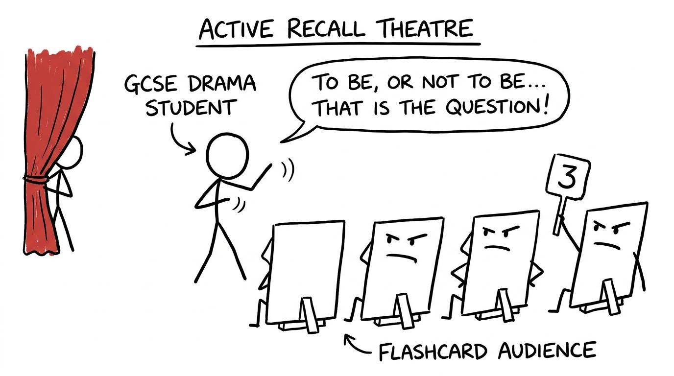 Drama flashcards form a stern theatre audience while a student rehearses