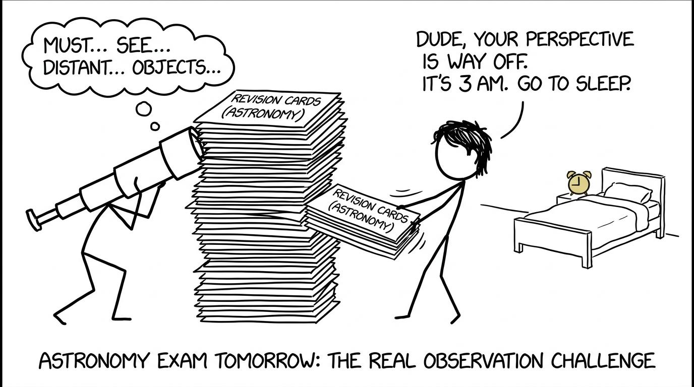 A student clears revision cards from a telescope and discovers that sleep is in view
