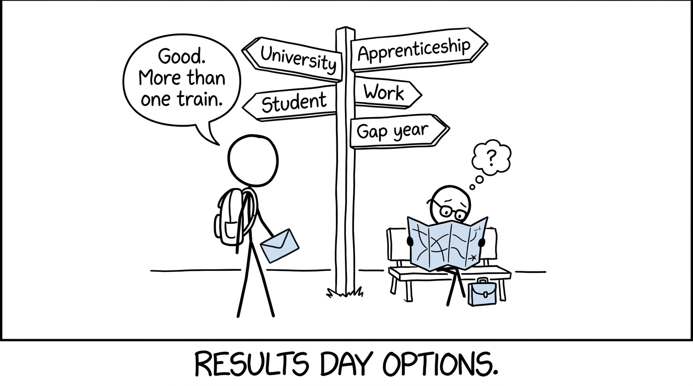 A student sees several possible trains after opening a results envelope