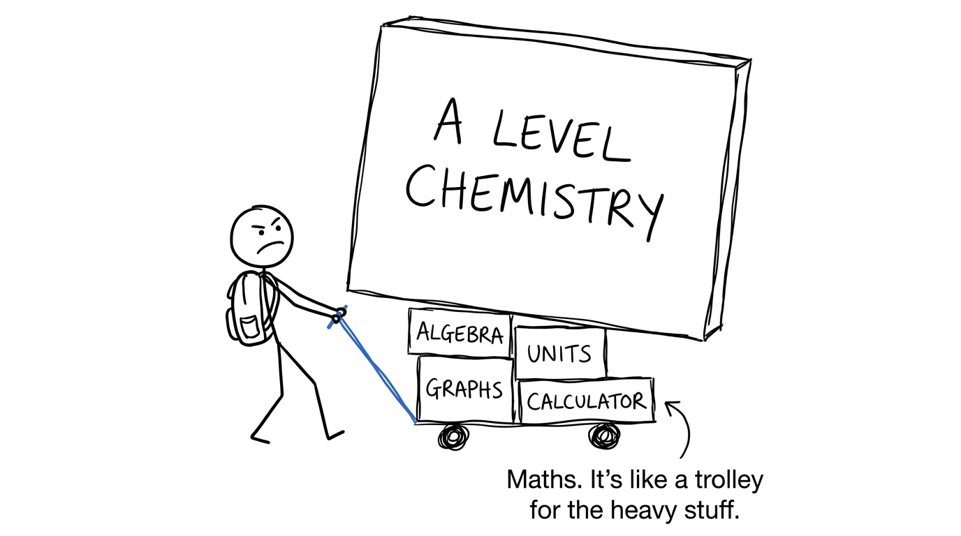 Maths skills forming a trolley underneath the heavy box of A-level Chemistry