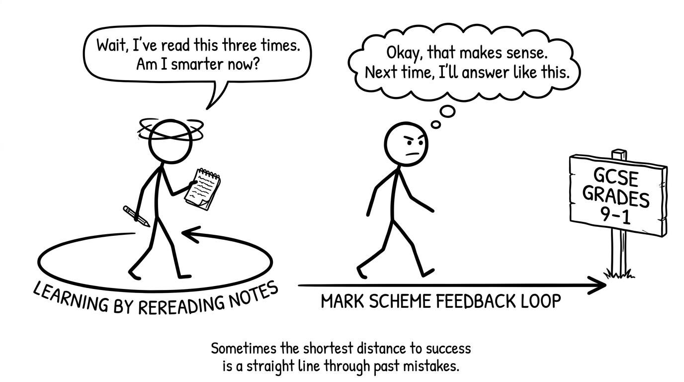 Two paths: rereading notes vs mark scheme feedback loop
