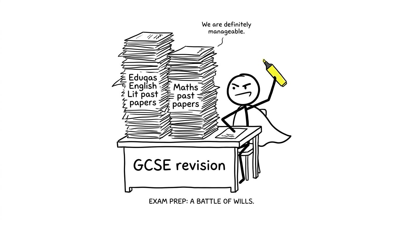 Student with towering past paper piles