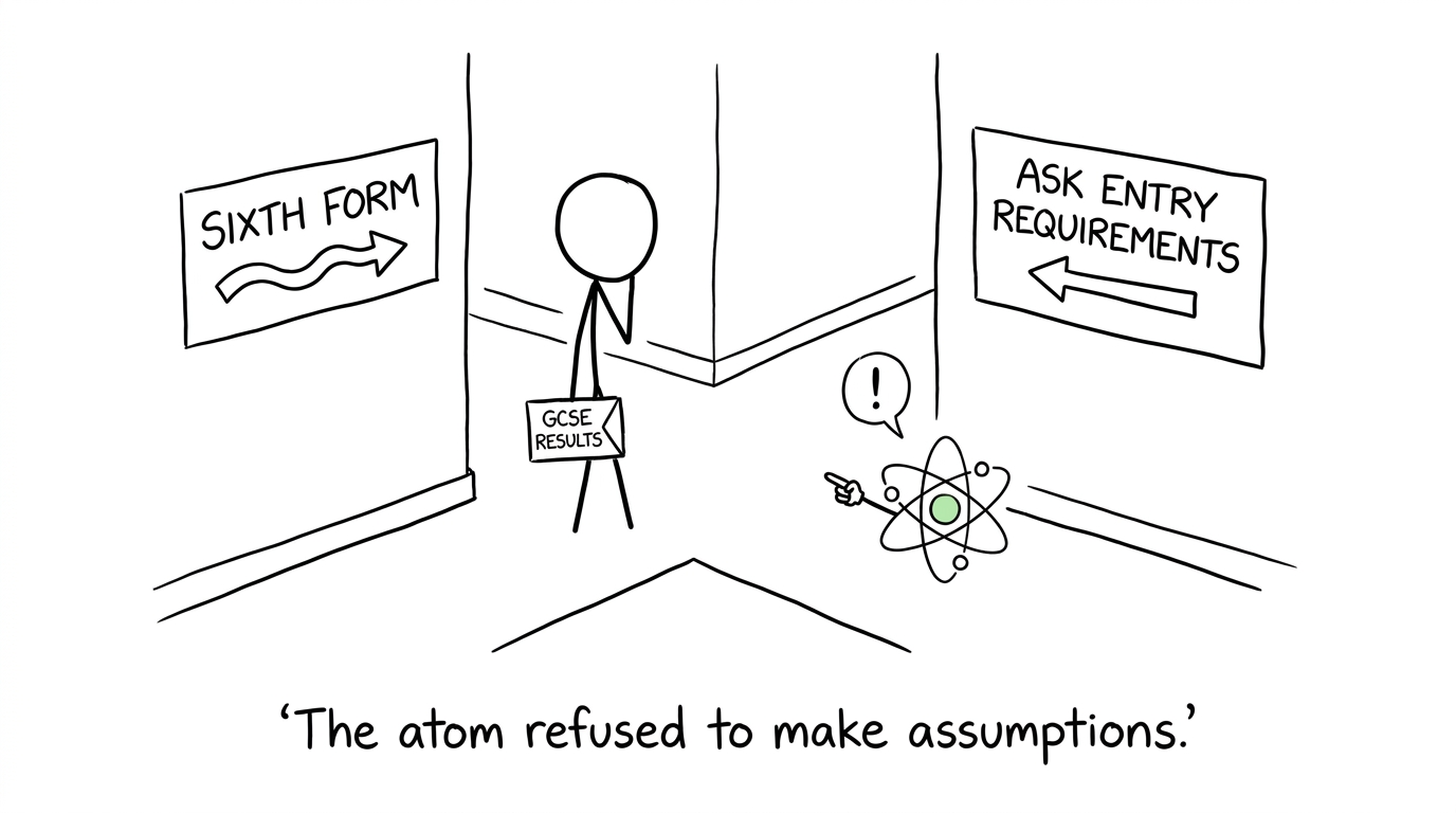 A student wisely checks sixth-form entry requirements instead of asking an atom to guess
