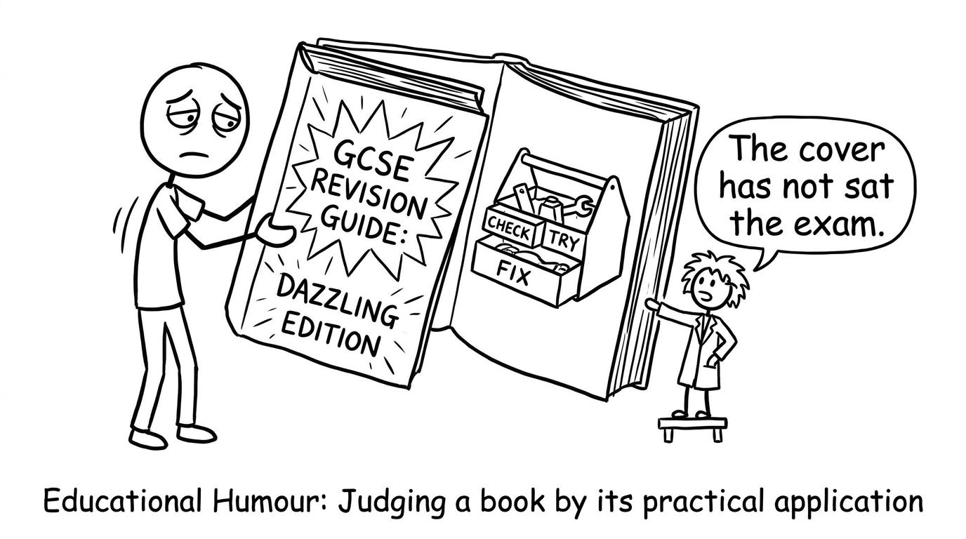 A student discovers that the useful revision guide is a toolbox rather than the one with the shiny cover