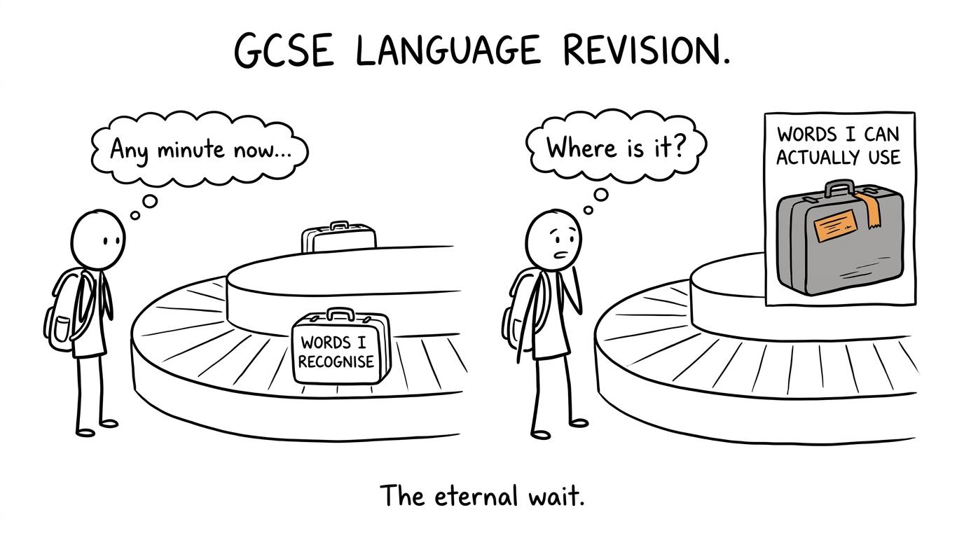 A student waits for usable vocabulary while recognised words circle endlessly on a baggage carousel