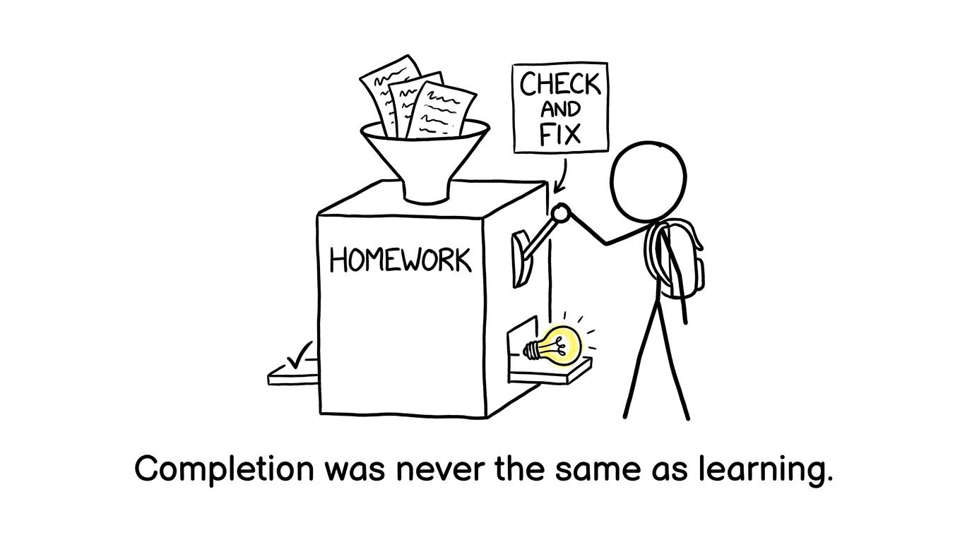 A homework machine producing learning only when the work is checked and fixed