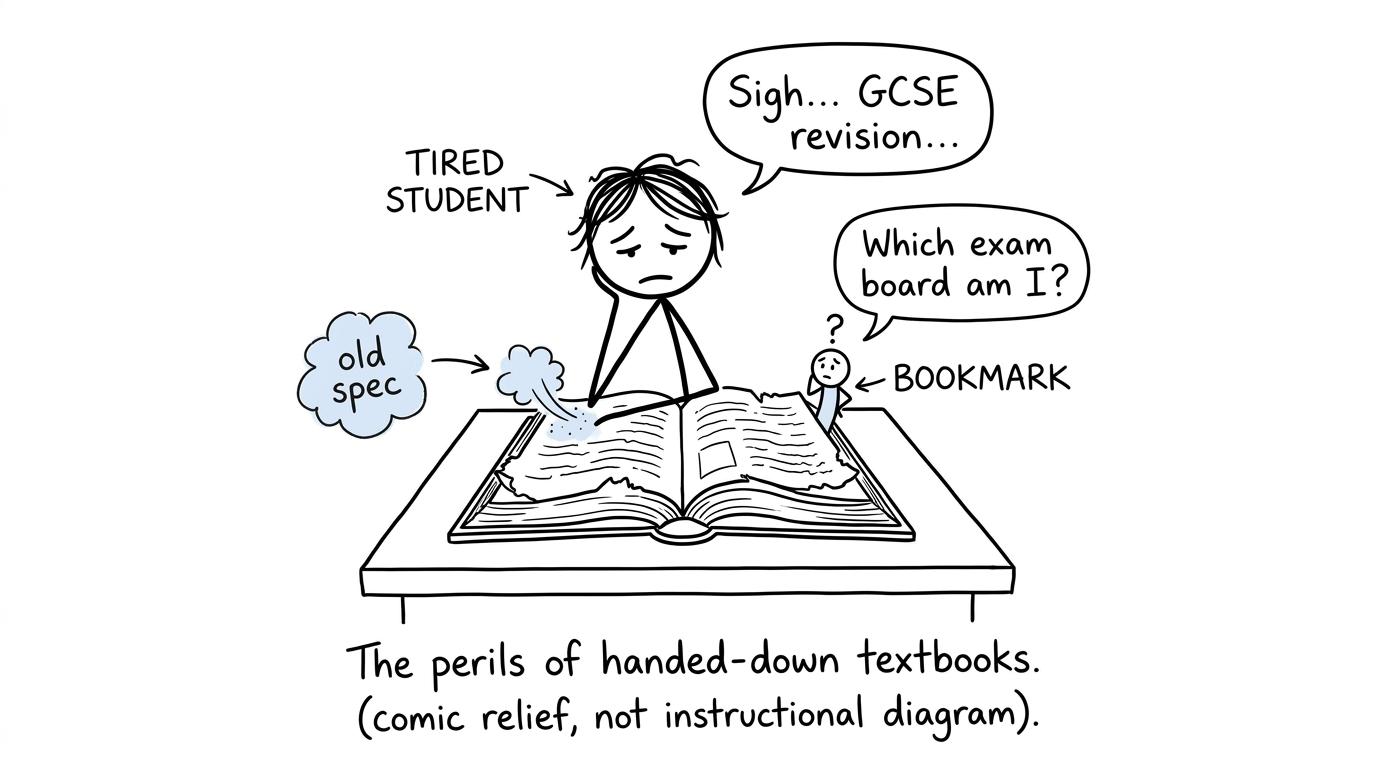A student discovers that an old-spec revision book has forgotten which exam board it belongs to