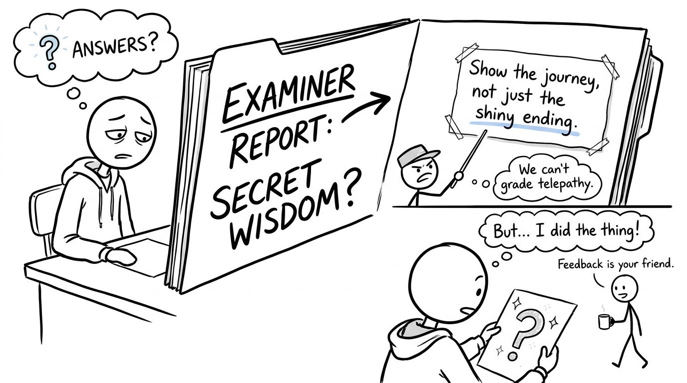 A student discovers that an examiner report wants the creative journey rather than a mysterious secret
