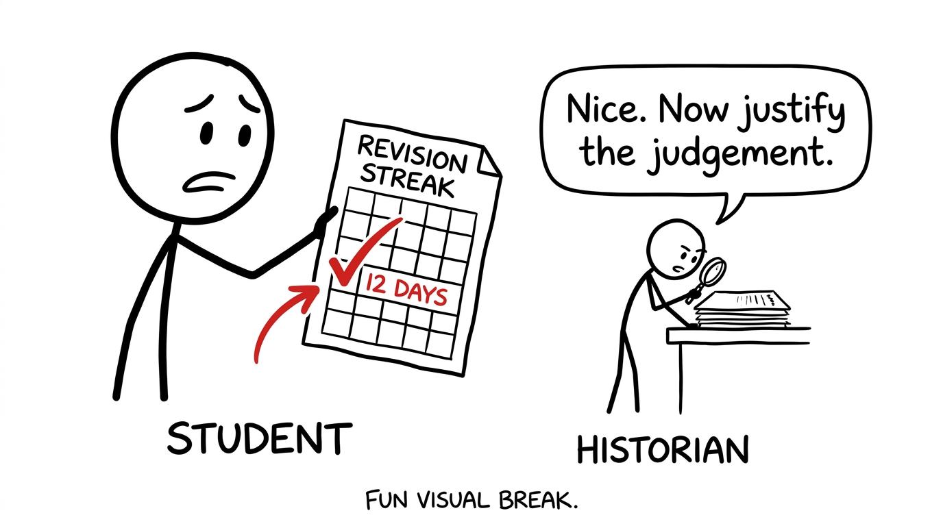 A long revision streak receives an awkward inspection from a tiny historian demanding a justified judgement