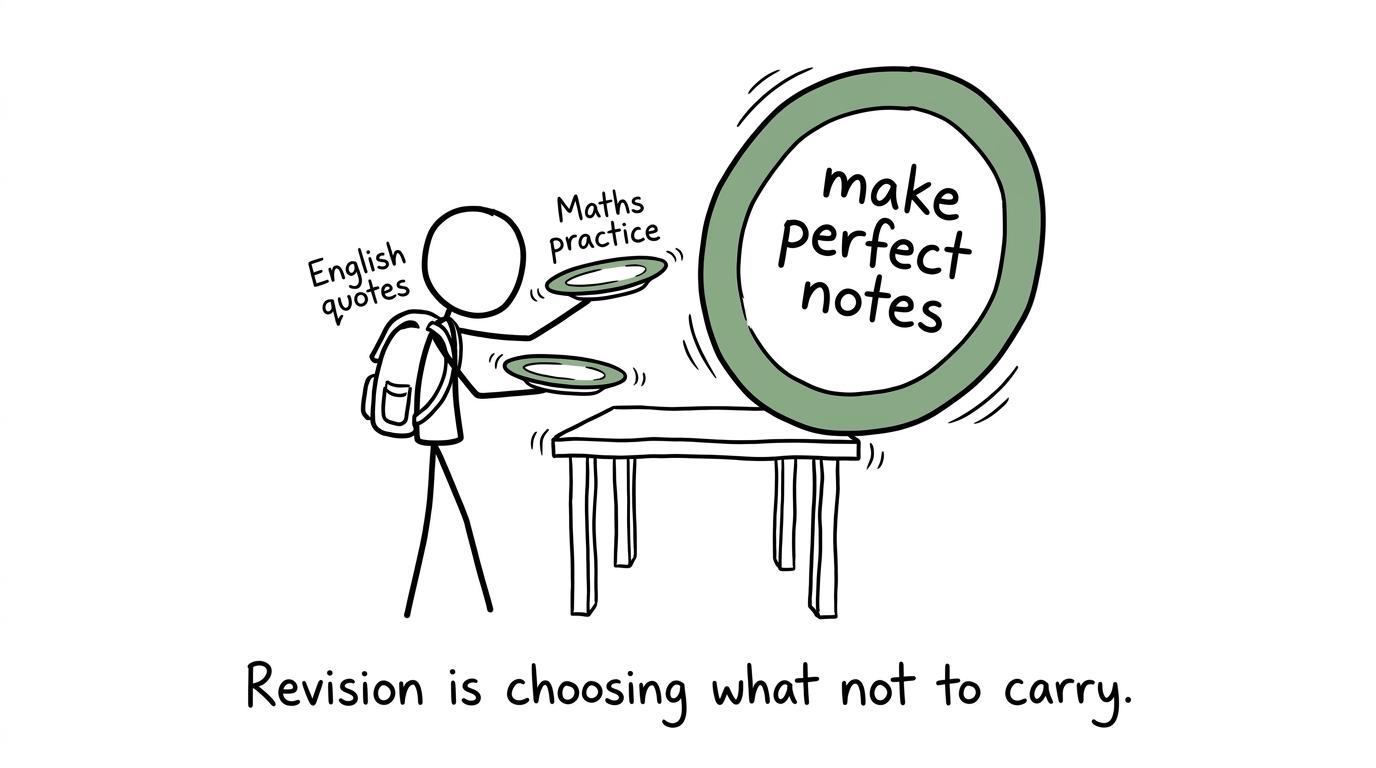 A student balances English quotation recall with maths practice while abandoning perfect notes