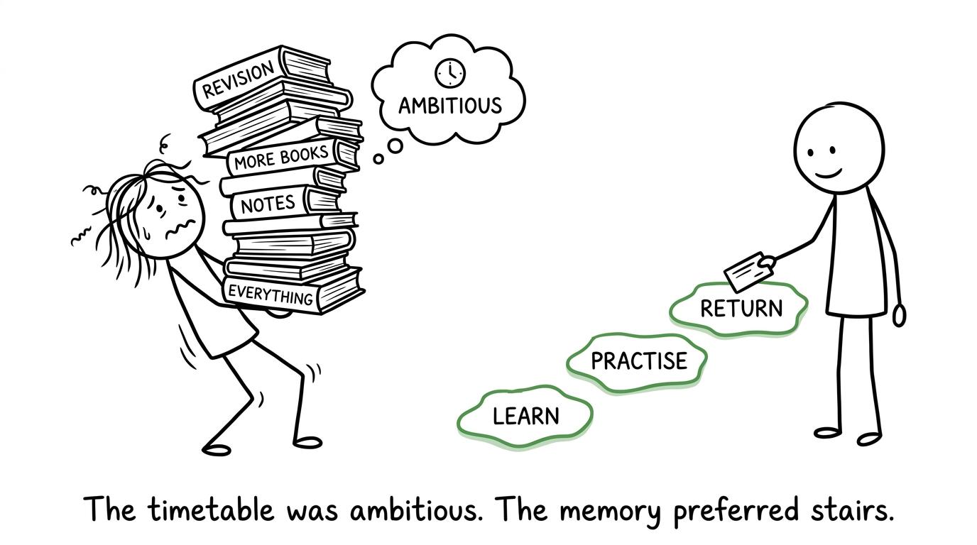 A student choosing small revision stepping stones instead of carrying every book