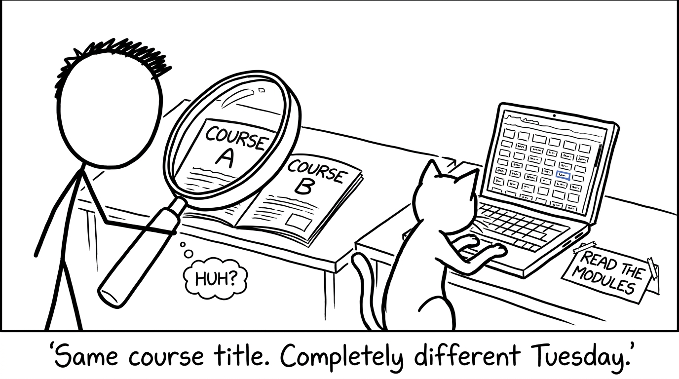 A student using a magnifying glass to compare university modules
