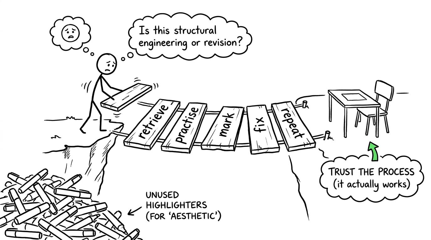 A student building an exam bridge from retrieval, practice and feedback