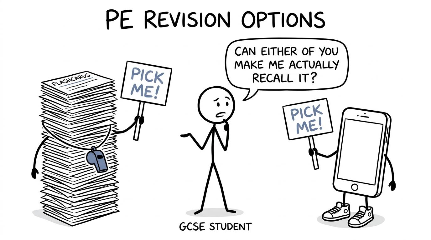 A student choosing between an enormous paper flashcard coach and a smartphone coach