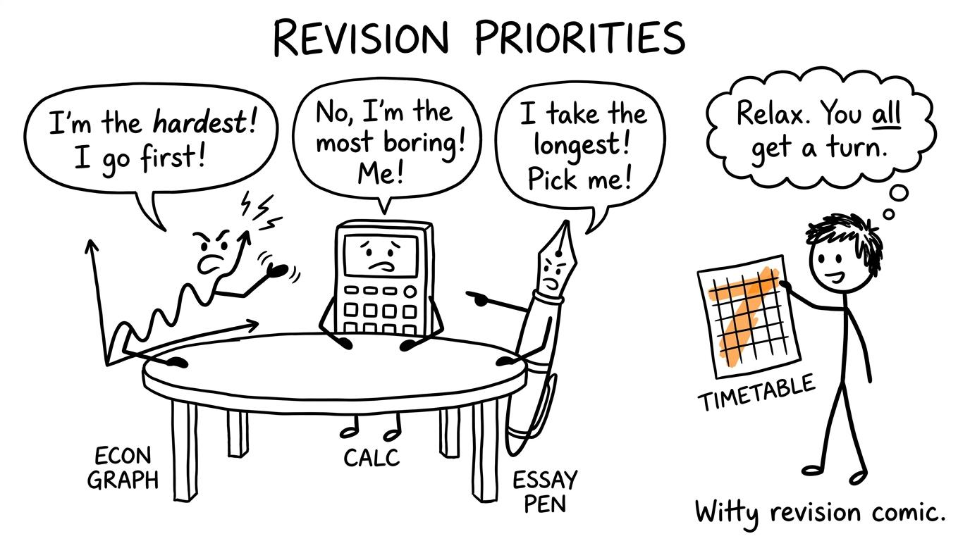 A graph, calculator and essay pen negotiating their places in a revision timetable