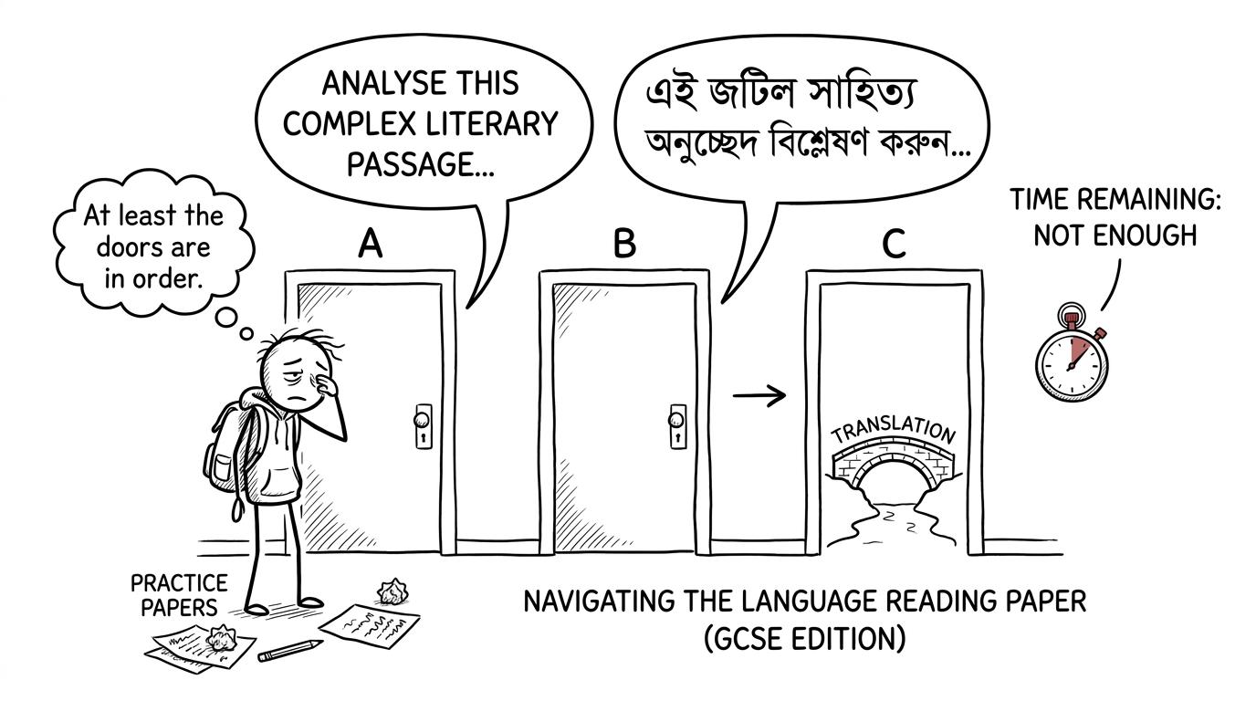 A student navigating the three sections of a language paper