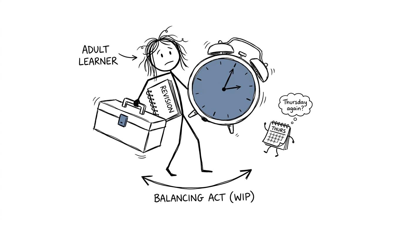 An adult learner balancing a toolbox, sketchbook and evening timetable