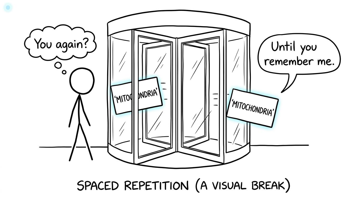 A recurring mitochondria flashcard jokes with a student about spaced repetition