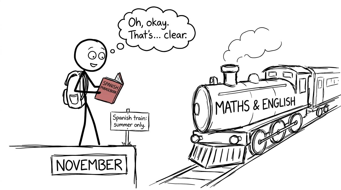 A student discovers that the Spanish resit train leaves in summer while maths and English travel in November