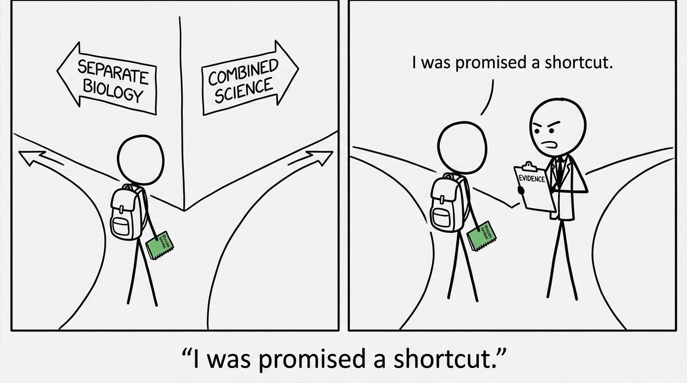 A student discovers that both science routes still lead to an examiner