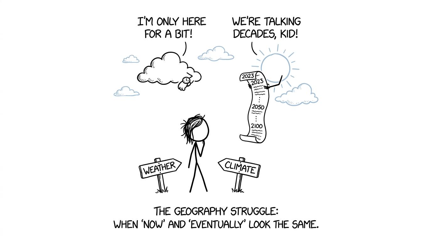 A cloud with a watch and a sun with a calendar help a student separate weather from climate