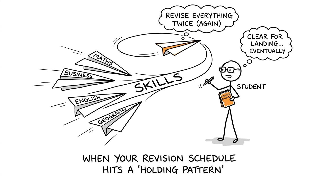 A revision planner directs several subjects onto one shared skills runway