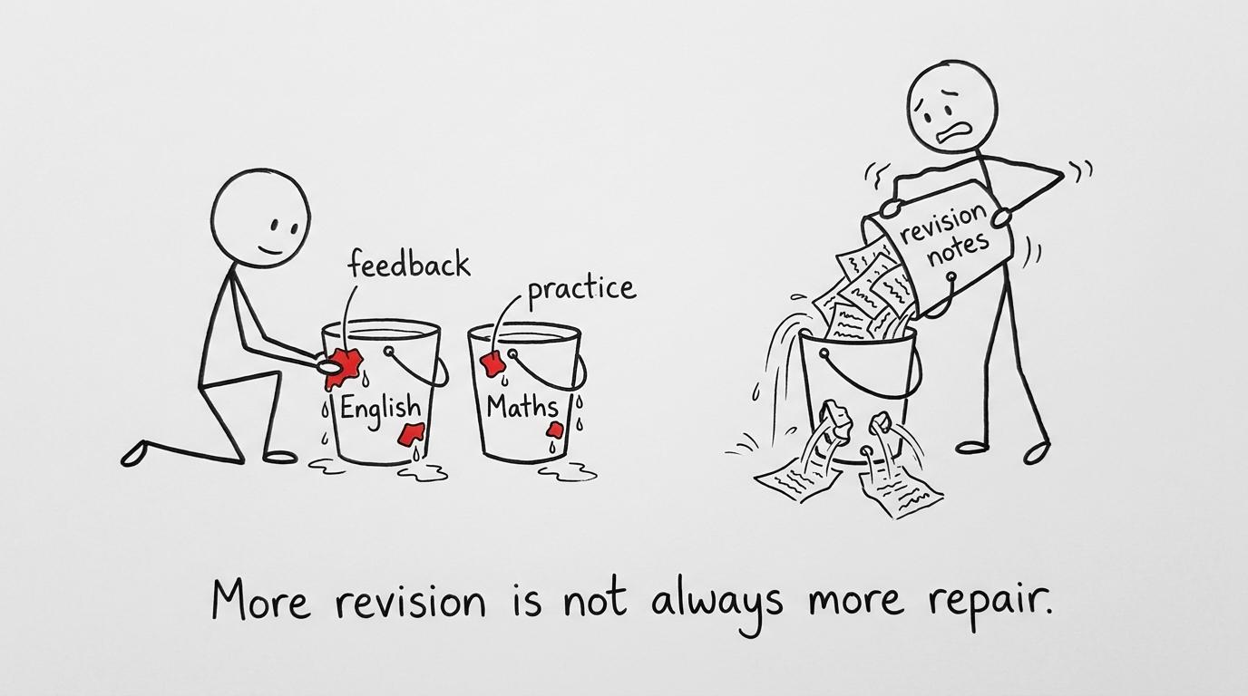 Students repairing leaking English and maths revision buckets