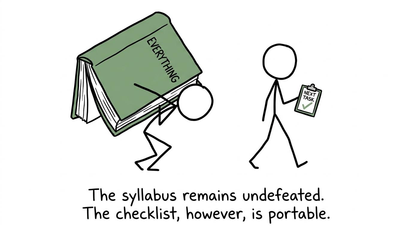 A portable checklist calmly passes an impossible revision mountain