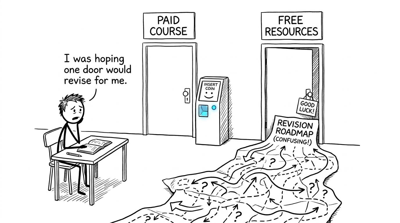 A student choosing between a paid course and free revision resources