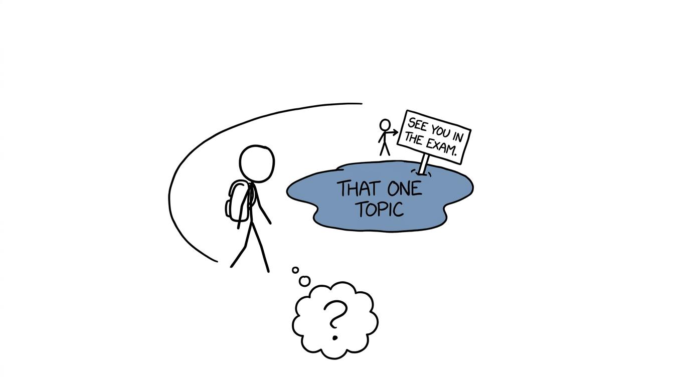 A student discovers that an avoided revision topic plans to appear in the exam