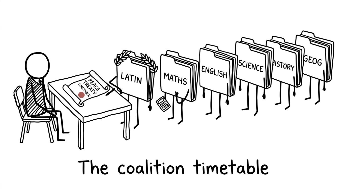 Six subject folders negotiating over a revision timetable