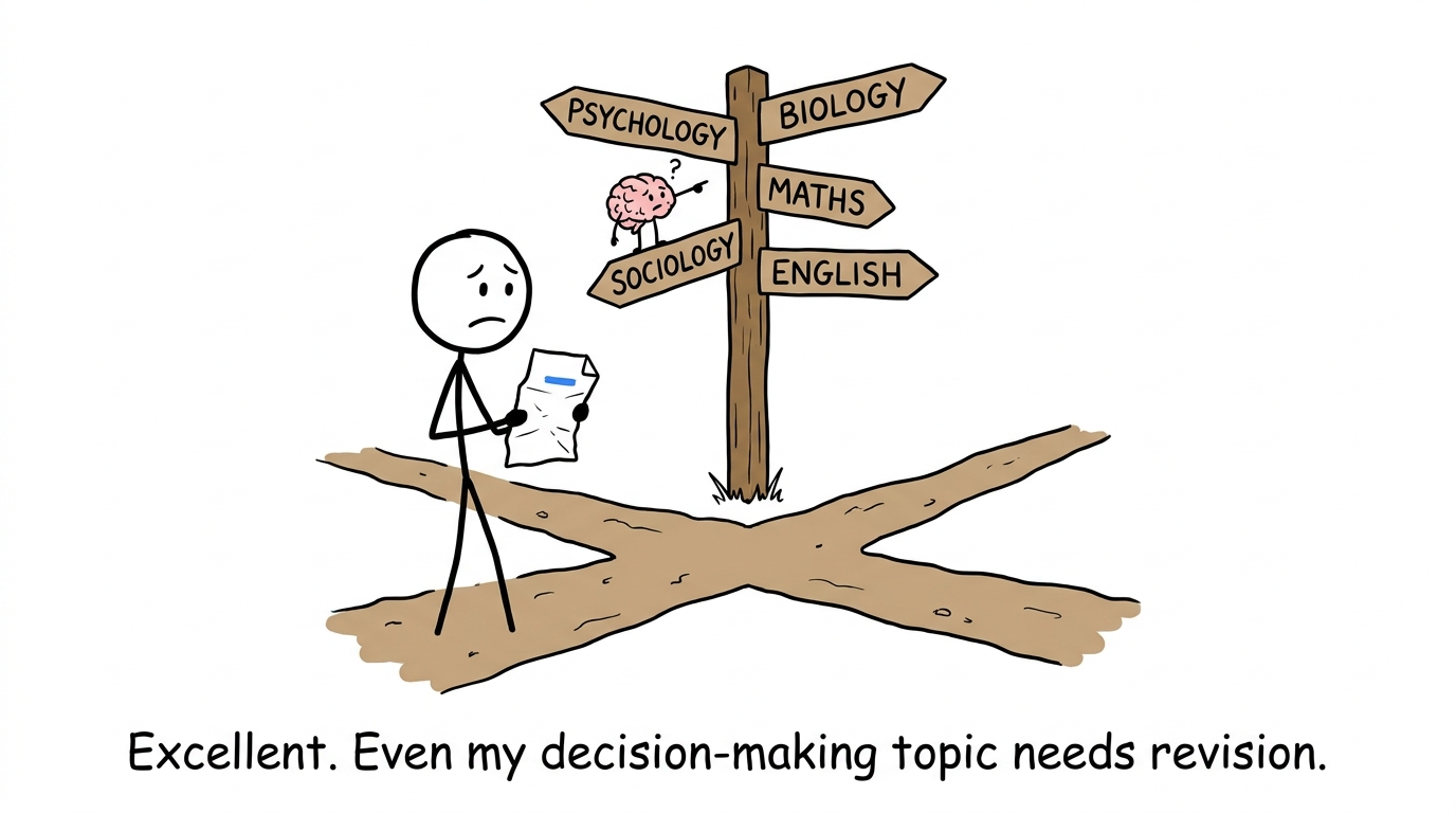 A student choosing between A-level subjects while a tiny brain offers conflicting advice