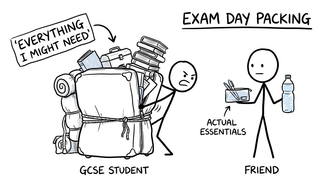 A student comparing an enormous exam suitcase with a sensible clear pencil case