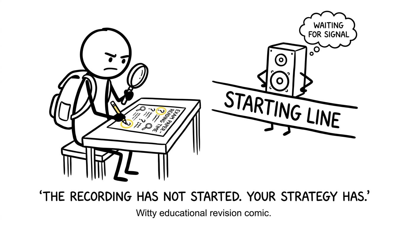 A student using reading time like a detective before the audio begins