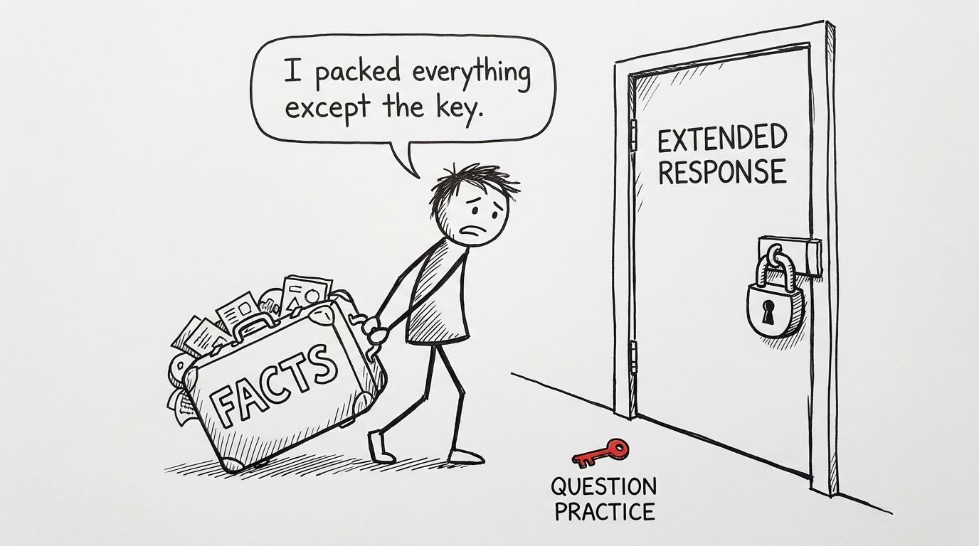 A student brings facts to an exam door but forgets the question-practice key
