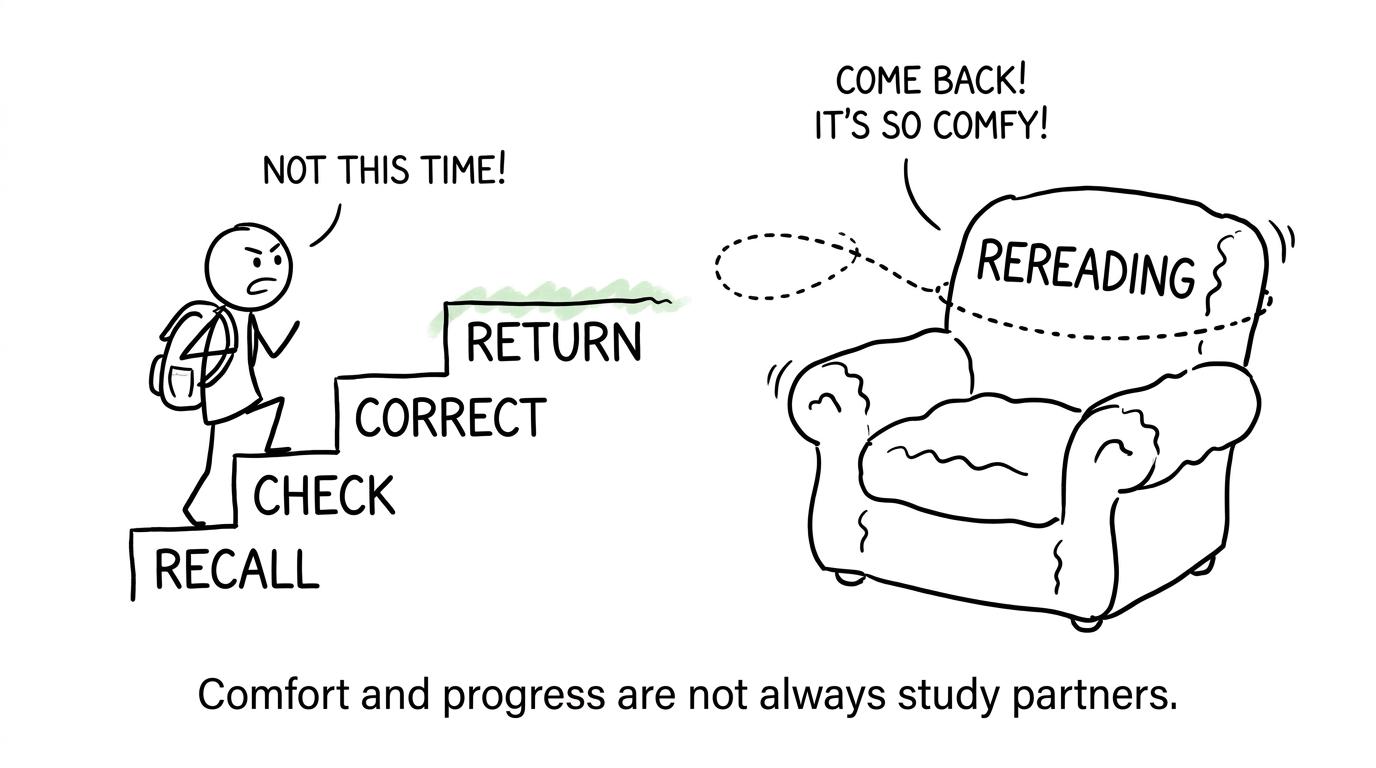 A staircase of recall, checking and correction competes with a comfortable rereading sofa