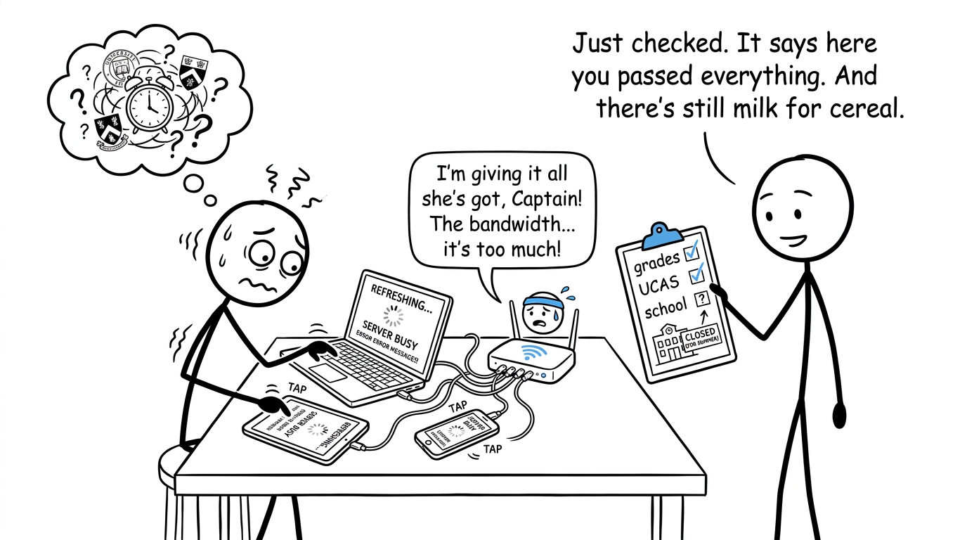 A nervous student refreshes three devices while a calm parent holds a results-day checklist