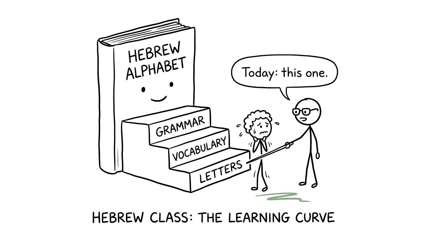 A student taking the first step on a friendly staircase of letters, vocabulary and grammar