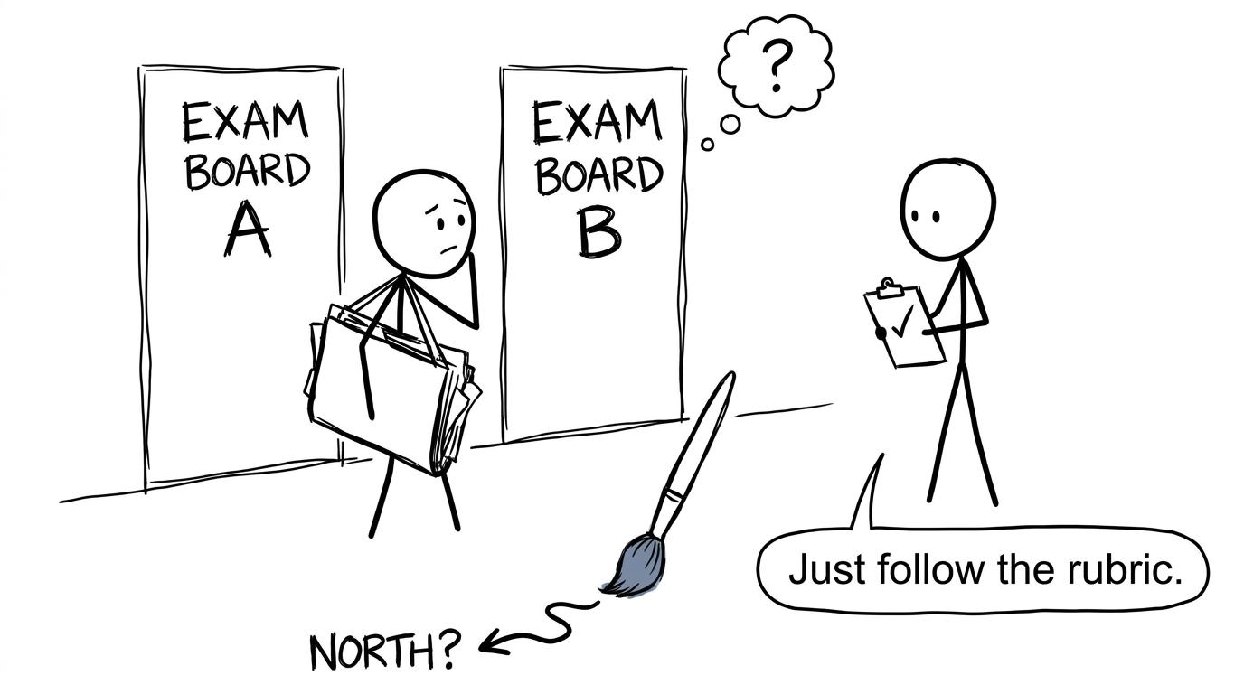 A student caught between two exam-board doors while carrying an enormous art portfolio