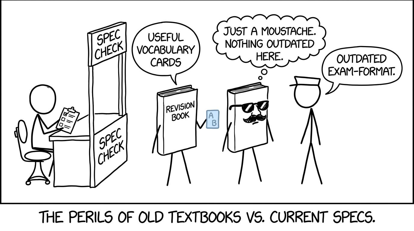 Two revision books face a specification checkpoint while one hides an outdated exam-format moustache