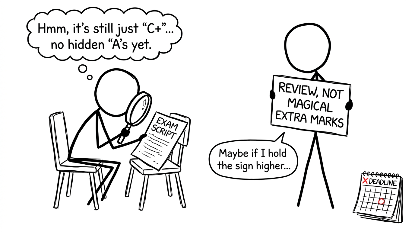 An exam script waits while an examiner checks it beneath a sign explaining that a review is not magical extra marks