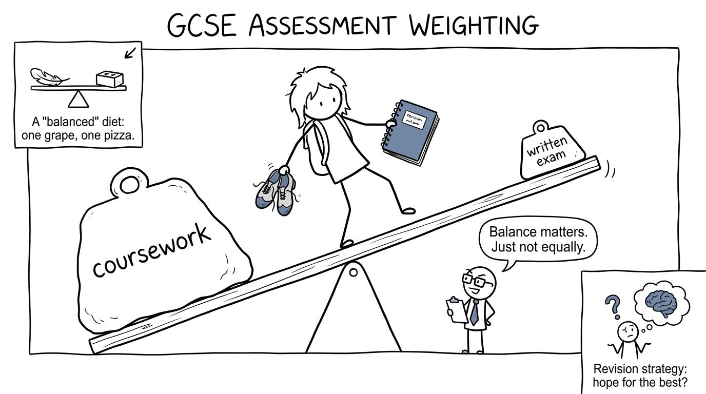 A student balancing dance coursework and the written exam on a seesaw