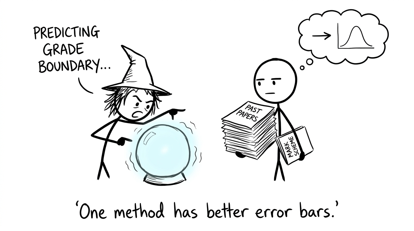A crystal ball competes unsuccessfully with past papers and a mark scheme